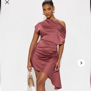 Asymmetric One-Shoulder Satin Dress in Brown Style: Bynes